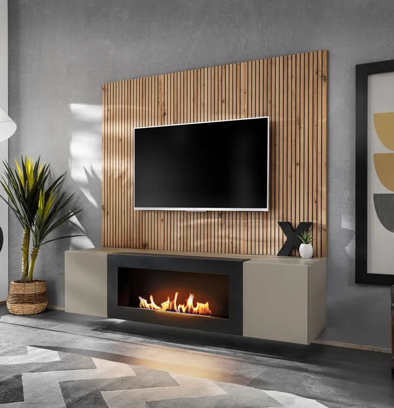 Parete attrezzata "Klubba" 04, grigio argilla/rovere Artisan, 1 mobile TV, 1 pannello cannettato, caminetto a bioetanolo, sistema "push-to-open", 160 x 40 x 158 cm