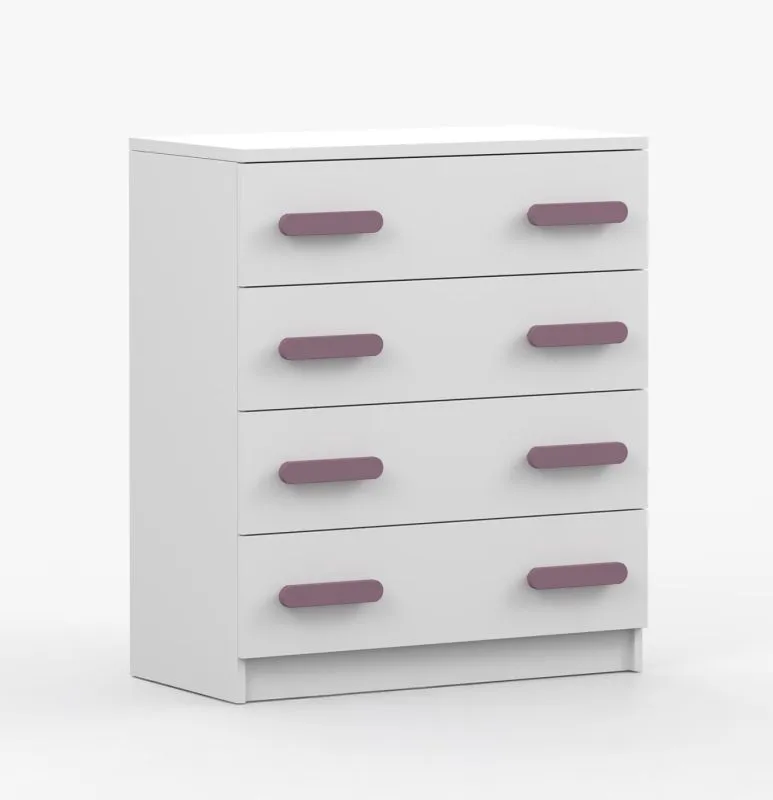 Cassettiera Smolikas 22 bianca | 4 cassetti | Maniglie legno viola | 90 x 80 x 40 cm