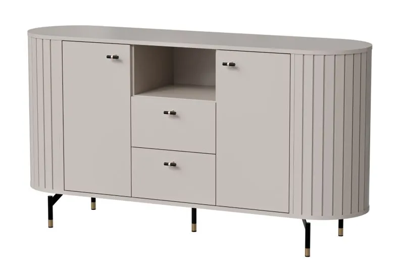 Cassettiera Annelin 02 cashmere con vano a giorno, 2 ante e 2 cassetti, piedini in metallo, altezza ideale per robot aspirapolvere