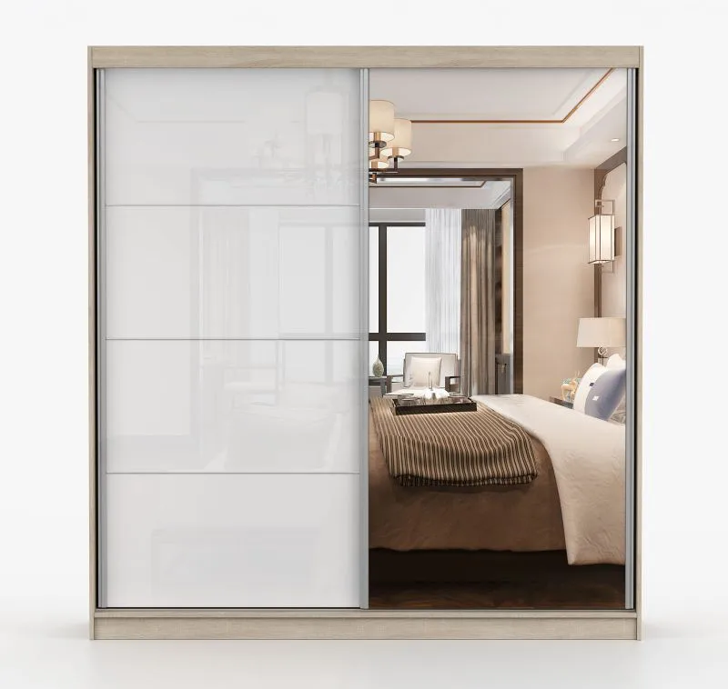 Armadio scorrevole Sredna 02 | Rovere Sonoma e bianco | Specchio frontale | 7 scomparti, 3 cassetti | 218 x 203 x 61 cm