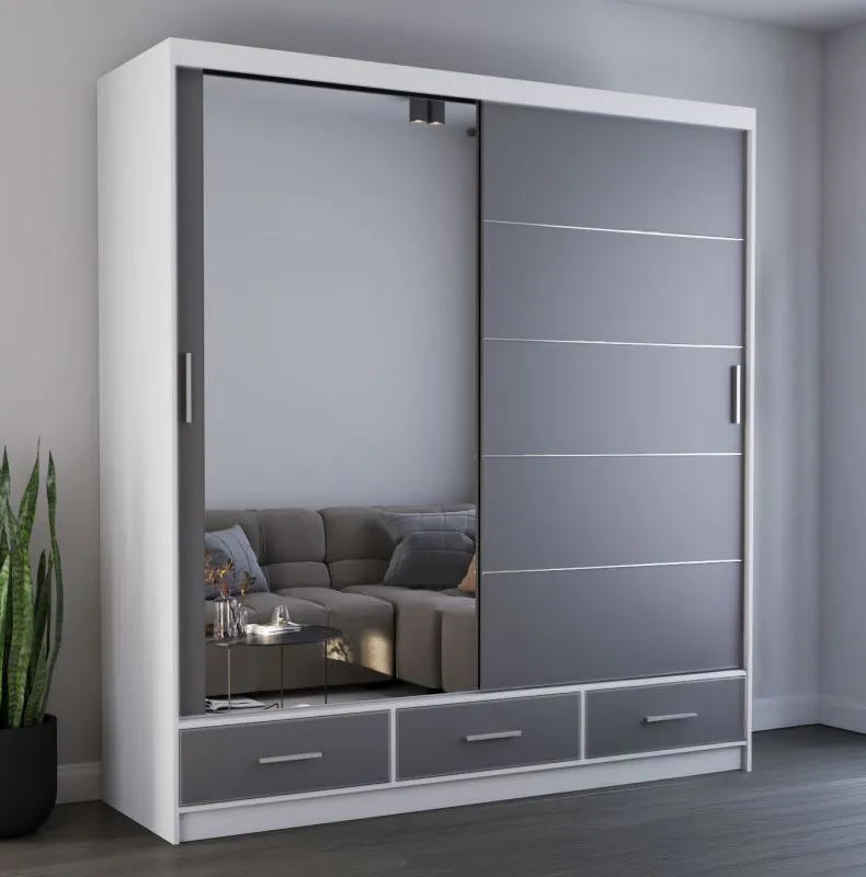 Armadio scorrevole Lusatian 21 | 2 ante con specchio | 12 scomparti | 3 cassetti | Bianco/Grigio | 218 x 203 x 61 cm
