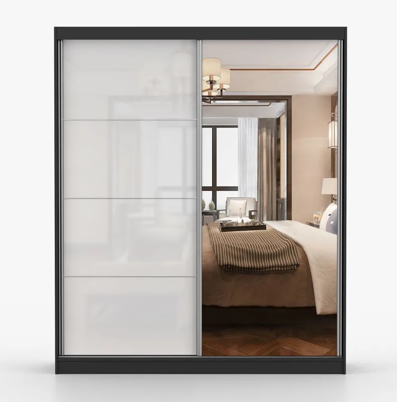 Armadio scorrevole Gorski 04 | Bianco lucido/nero | Specchio integrato | 2 ante, 6 scomparti | 76 x 110 x 50 cm