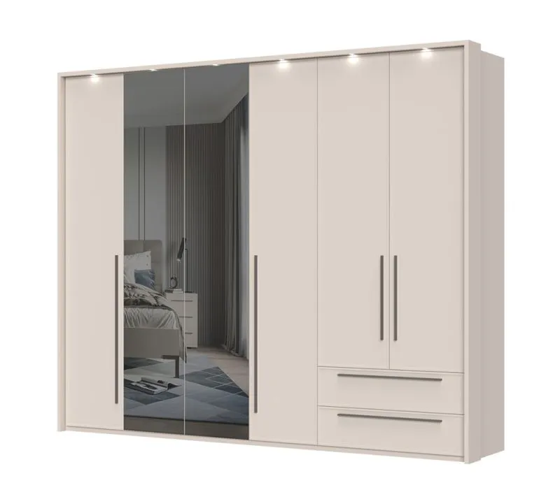Armadio largo con ante a battente e cornice a LED Neiafu 79, colore: cashmere, due ante a specchio, due cassetti, funzione soft-close, dimensioni: 224 x 272 x 56 cm
