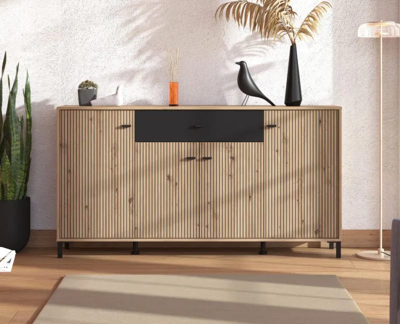 Madia "Kladovo" 03, color rovere Artisan/nero, 3 ante a battente, 1 cassetto, 6 scomparti, bordi in ABS, 170 x 40 x 90 cm