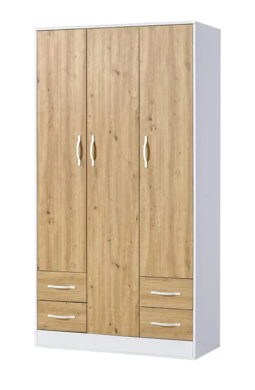 Armadio | Armadio con ante a battente | 3 ante | 120 x 50 x 225 cm | Colore: rovere / bianco | 3 ante | 4 cassetti | 11 scomparti | 1 asta appendiabiti | Nalut 01