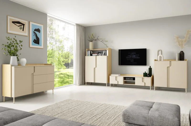 Soggiorno completo - Set A "Beringen", 4 pezzi, color rovere Mavelie/Macadamia, gambe: metallo, sistema "push to open"
