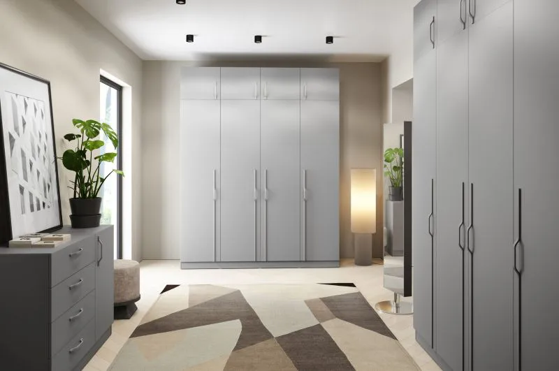 Set da letto G Edegem| 5 pezzi | colore: grigio platino | armadi | armadi con ante a battente | mensole | armadietti | cassettiera | maniglie in metallo