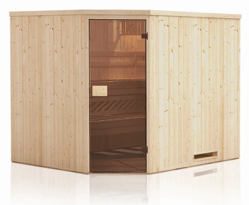 Sauna prefabbricata "Tirari" 68 mm, con tetto con bordino - misure esterne (l x p x h): 244 x 194 x 199 cm