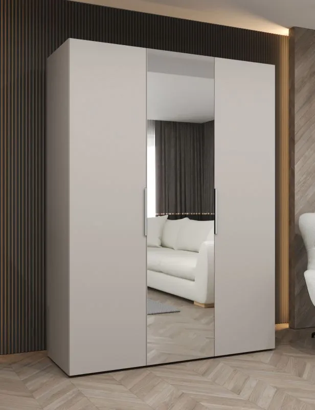 Armadio battente Korab 76 | Cashmere, specchio, Maniglie color cashmere | 2 barre appendiabiti | Soft-Close | 202x150x52 cm