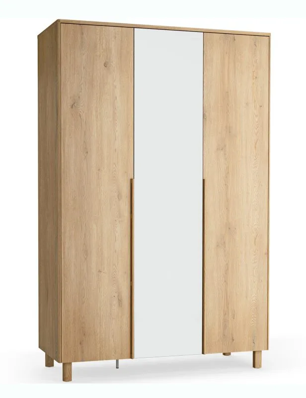 Armadio ad ante "Olimar" 04, color rovere, 1 anta a specchio, 3 cassetti, 1 barra appendiabiti, 3 cassetti, illuminazione a LED, Sistema "Soft-Close", 153 x 60 x 235 cm