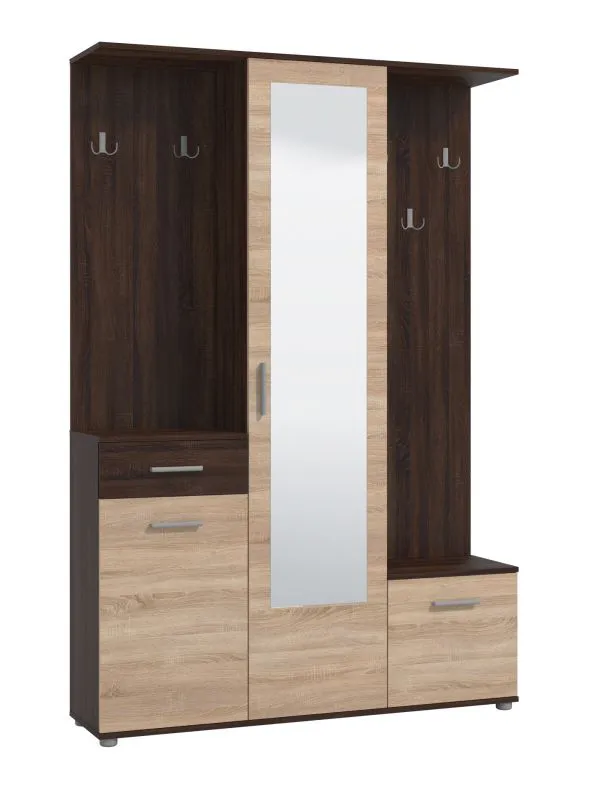 Appendiabiti Cupria 01 rovere Sonoma e scuro | 1 specchio | 5 ganci | 1 cassetto | 10 scomparti | 197,5 x 133,5 x 33 cm