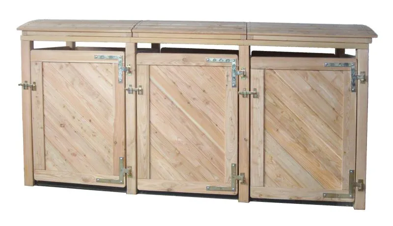 Contenitore per cestino Bergenie 03 in legno massiccio, larice naturale, 3 pieghe, 128 x 237 x 84 cm, contenitore per cestino, per 3 cestini, rivestimento per cestino