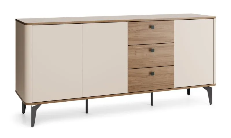 Cassettiera | 3 ante | sistema push-to-open | 3 cassetti con chiusura ammortizzata | noce/cashmere | 180 x 40 x 81 cm | gambe in metallo | bordi in ABS | 6 scomparti | Belladere 05