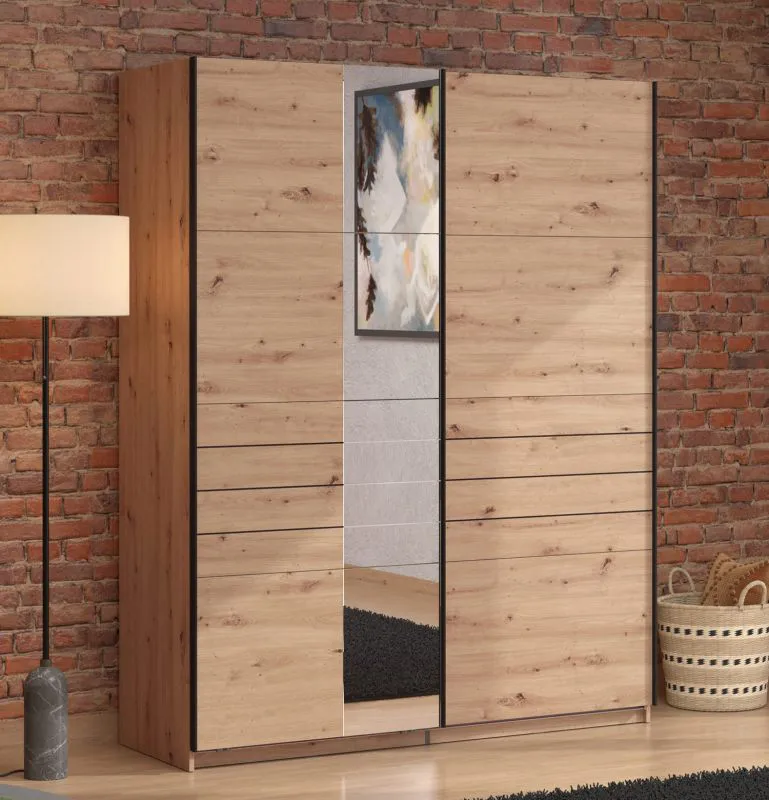 Armadio ad ante scorrevoli "Petrovac" 02, rovere Artisan, 1 anta a specchio, 2 ripiani, 2 barre appendiabiti, bordi in ABS, 145,5 x 60 x 217,5 cm
