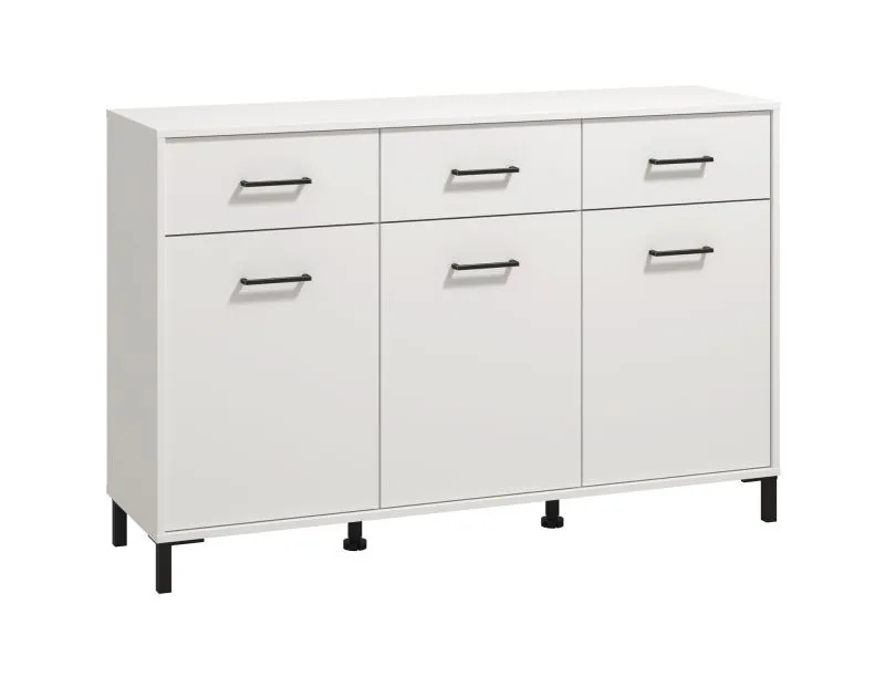 Credenza Sabas 11 bianca | 3 cassetti, 3 ante, 6 scomparti | Maniglie e gambe nere | 90 x 138 x 40 cm