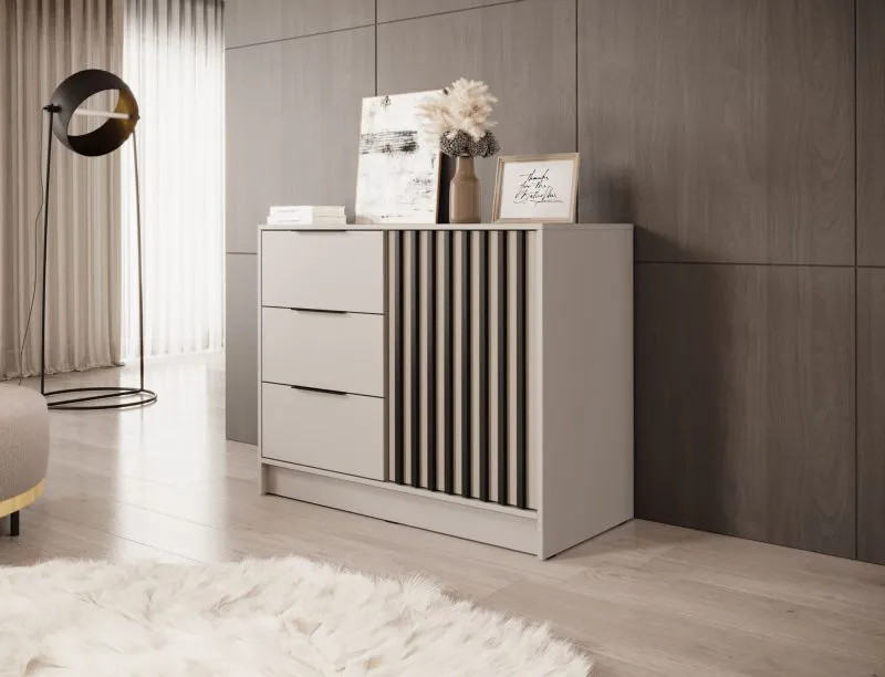 Cassettiera Leeds 27 cashmere | 3 cassetti, 2 scomparti | Doghe e maniglie nere | 86 x 105 x 45 cm