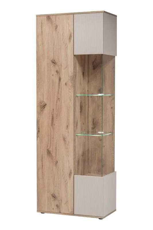 Vetrinetta "Barnebasen" 03, color rovere Viking/cashmere, 2 ante, 10 scomparti, illuminazione a LED incl., sistema "push to open", 70 x 40 x 197 cm