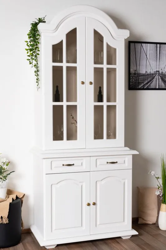 Vetrina in pino massiccio bianca | 225 x 97 x 54 cm | 2 cassetti, 5 scomparti, ampia capacità, facile montaggio