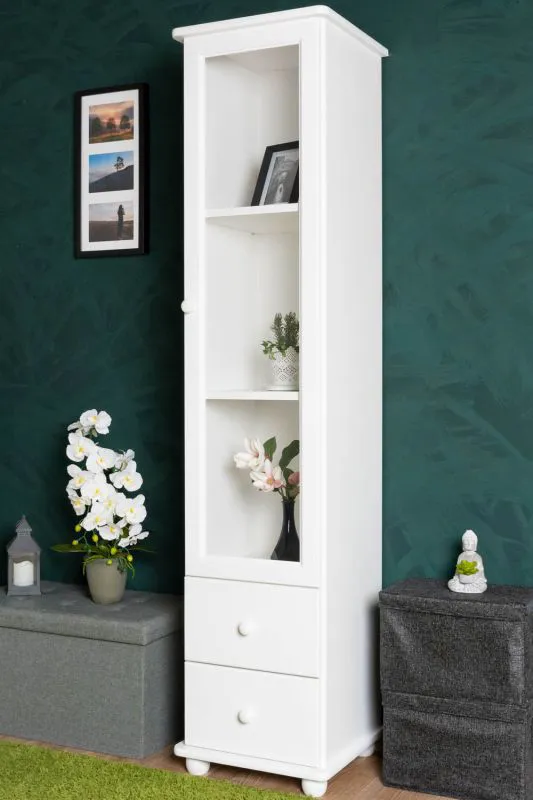 Vetrina Junco 35 in pino massiccio bianco | 195 x 45 x 42 cm | 2 cassetti, 3 scomparti | Design semplice e resistente