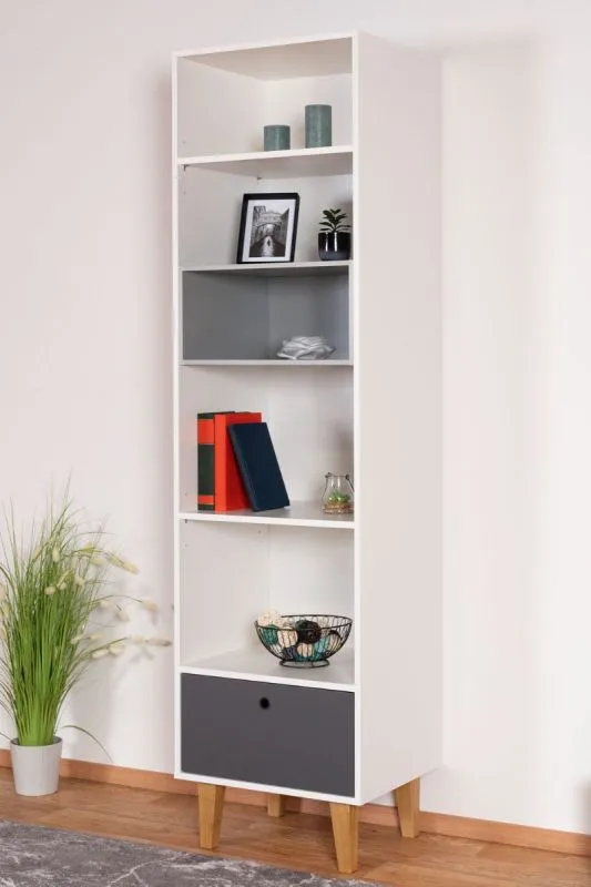 Scaffale Syrina 06 per cameretta | Bianco/Grigio | 202 x 54 x 45 cm | Design moderno e piedini in legno