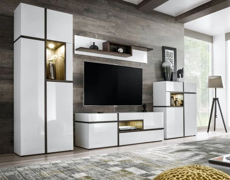 Parete attrezzata moderna Stura 01 | Bianco lucido e grigio | 195 x 330 x 50 cm | Sette ante