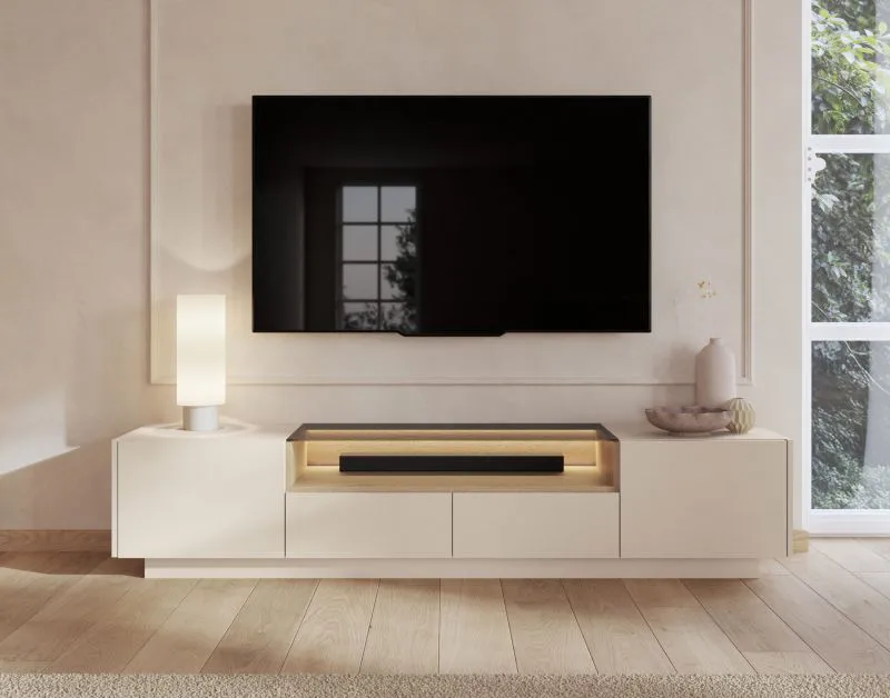 Mobile TV "Manouba" 04, beige/rovere Cremona, 2 ante a battente, 3 scomparti, 2 cassetti, illuminazione a LED, funzione "push-to-open", 203 x 40 x 43 cm