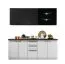 Cucina "Plina" 01, bianco / nero / nero opaco, 2 cassetti, 1 pensile con ante in vetro, bordi in ABS, lunghezza 200 cm