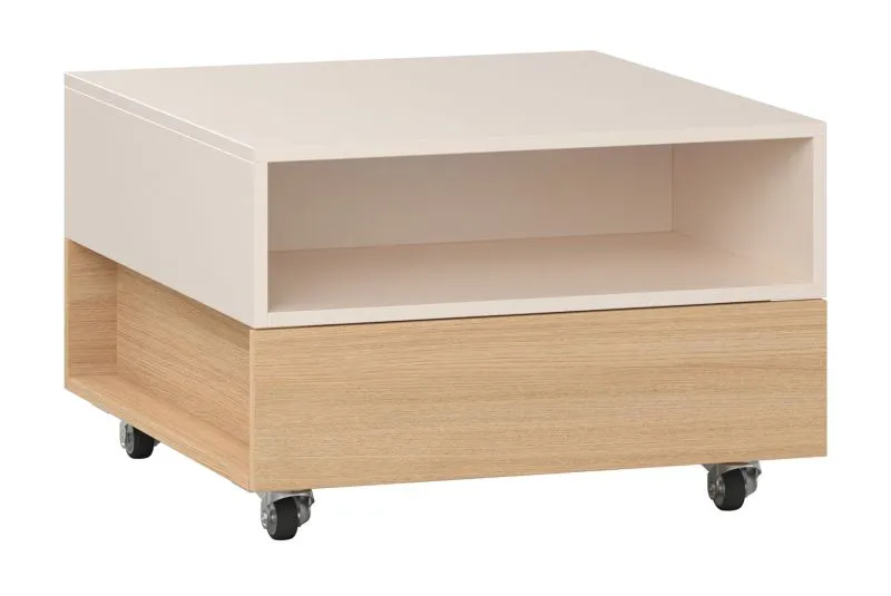 Tavolino "Sarandi" 22, beige / rovere, 4 ruote, 1 vano aperto, 1 cassetto, funzione push-to-open, Sistema "Soft-Close"