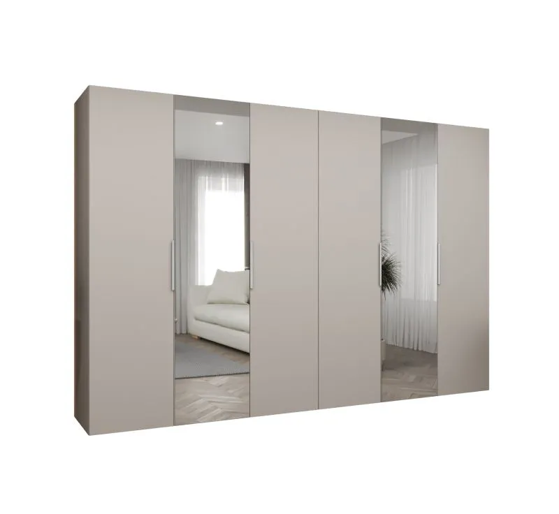 Armadio battente "Korab" 109 cashmere | 3 m larghezza | 2 ante a specchio | Maniglie color cashmere | Soft-Close