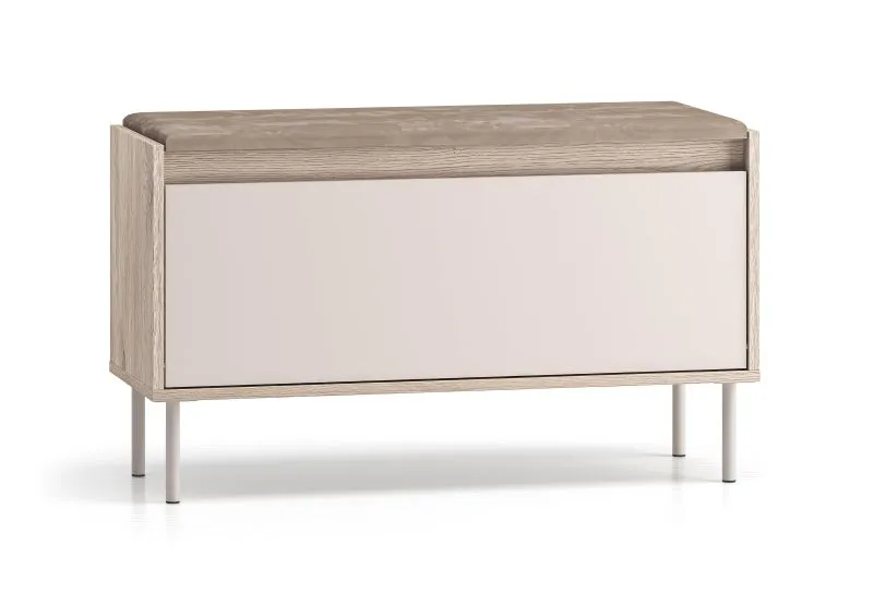 Scarpiera / Cassapanca "Nampa" 05, color rovere Cremona / cashmere, 1 anta a ribalta, 3 scomparti, gambe in metallo, incl. rivestimento in velluto, 90 x 34 x 55 cm