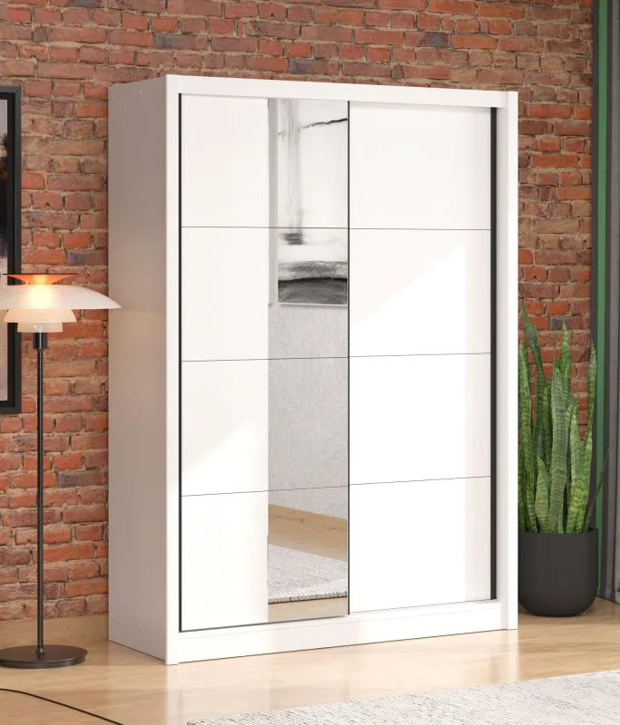Armadio ad ante scorrevoli "Apatin" 07, bianco opaco, 1 anta a specchio, 5 ripiani, 2 barre appendiabiti, bordi in ABS, 155 x 60 x 215,5 cm