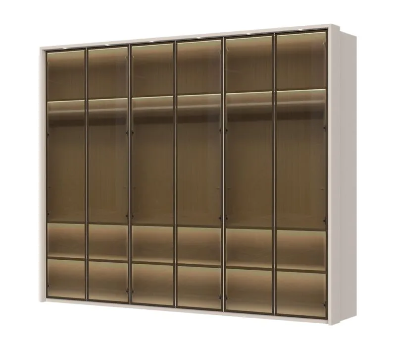 Armadio Neiafu 77 | Cornice elegante | LED interni | 6 ante vetro | 3 appendiabiti | Soft-Close | 224 x 272 x 56 cm