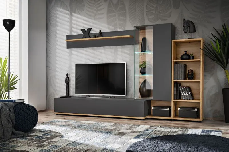 Pensile sospeso Kinn 03 | Antracite e Rovere Artisan | 145 x 240 x 40 cm | LED integrato | Apertura push-to-open