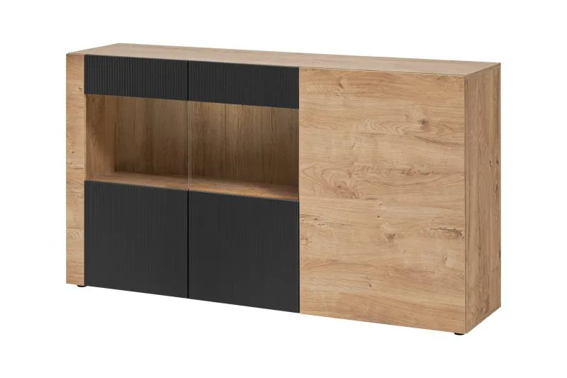 Vetrinetta "Rastarkalv" 08, color rovere ribbeck/nero opaco, 3 ante, 5 scomparti, sistema "push to open", 160 x 40 x 93 cm