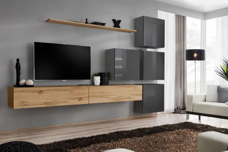 Parete Attrezzata Moderna Balestrand 143 | Rovere Wotan e Grigio | 200 x 310 x 40 cm | Ampio Spazio Contenitivo