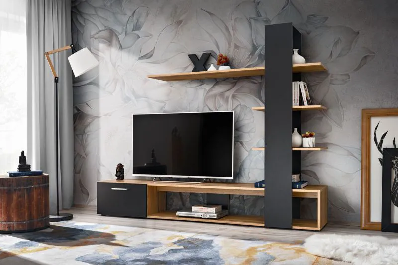Pensile sospeso Kinn 02 | Rovere Wotan e Nero lucido | 152 x 190 x 35 cm | Anta a ribalta