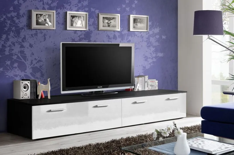 Mobile porta TV Bjordal 62 | Bianco lucido e nero opaco | 35 x 200 x 45 cm | 4 vani spaziosi