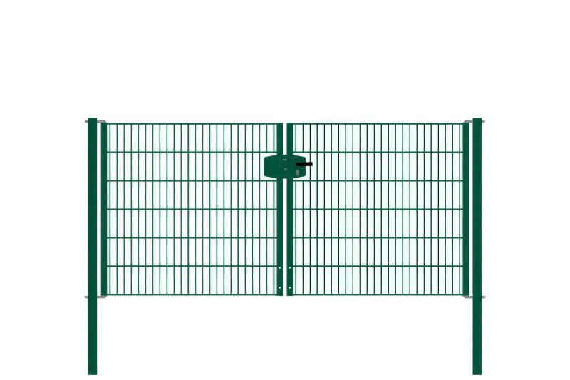 Cancello in griglia metallica 2 ante, luce netta: 264 cm, larghezza totale incl. pali: 276 cm, Finitura: vernice verde, Altezza: 123 cm, Peso: 47,35 kg