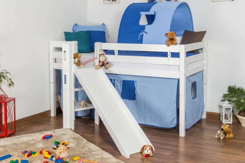 Letto a soppalco Samuel in faggio massello laccato bianco | Scivolo incluso | Rete a doghe avvolgibile | 90 x 200 cm