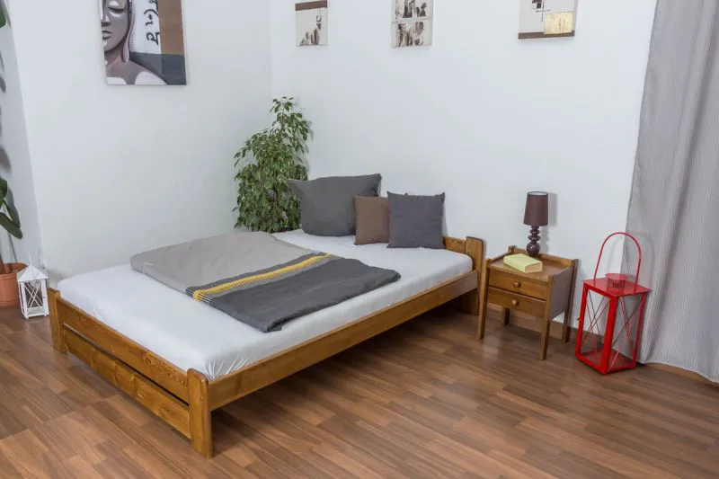 Letto alla francese "A9", pino massello, color rovere, incl. rete a doghe - 140 x 200 cm