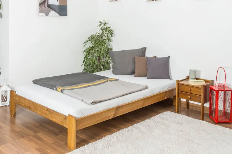 Letto alla francese "A10", pino massiccio, color rovere, incl. rete a doghe - 140 x 200 cm
