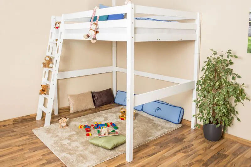 Letto a soppalco Andreas | Faggio massiccio laccato bianco | 140 x 200 cm | Rete a doghe inclusa