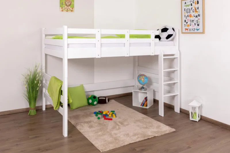 Letto a soppalco "Easy Premium Line" K23/n, faggio massiccio, laccato bianco, divisibile - 120 x 200 cm