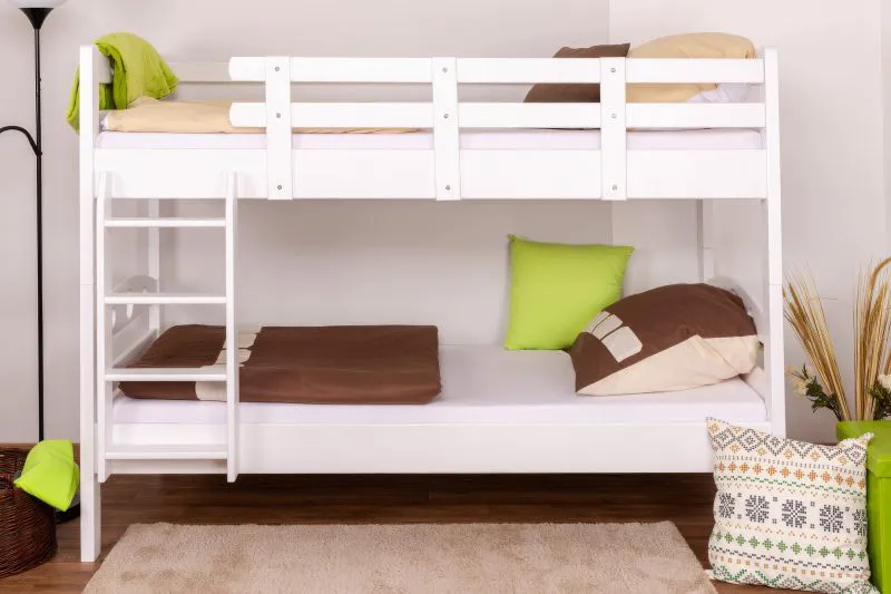 Letto a castello "Easy Premium Line" K19/n in faggio massello bianco - 90 x 200 cm, testiera e pediera forate, divisibile