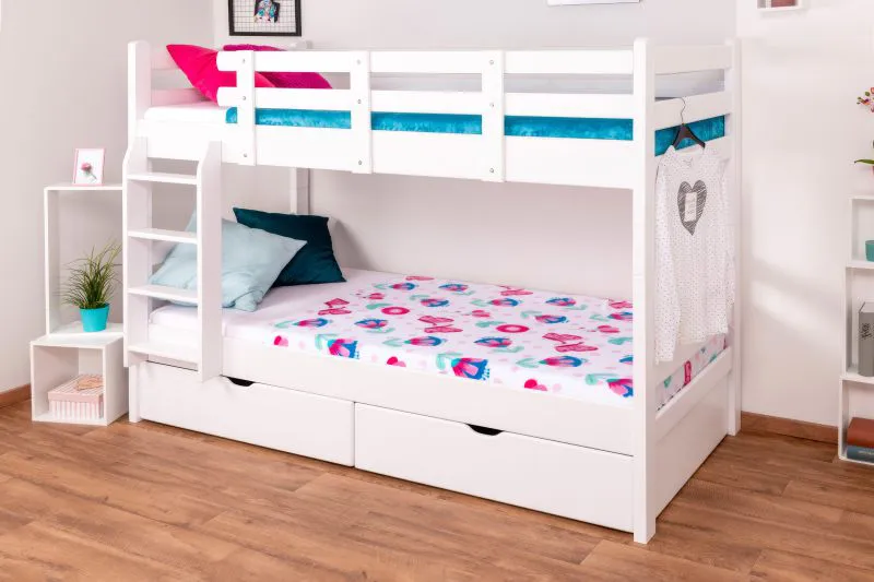 Letto a castello divisibile K20/n Easy Premium Line | Faggio massello bianco | 90 x 200 cm | 2 cassetti e pannelli laterali