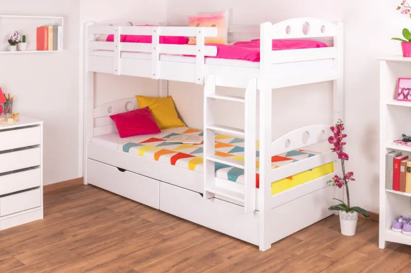 Letto a castello divisibile K19/n | Faggio massello bianco | 90 x 200 cm | 2 cassetti | 2 pannelli laterali | Testiera e pediera forate