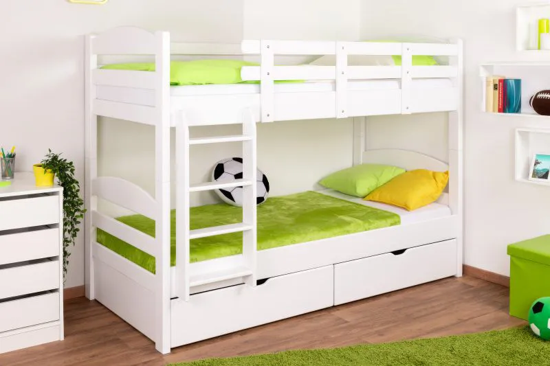 Letto a castello divisibile K21/n | Faggio massello bianco | 90 x 200 cm | 2 cassetti e pannelli laterali