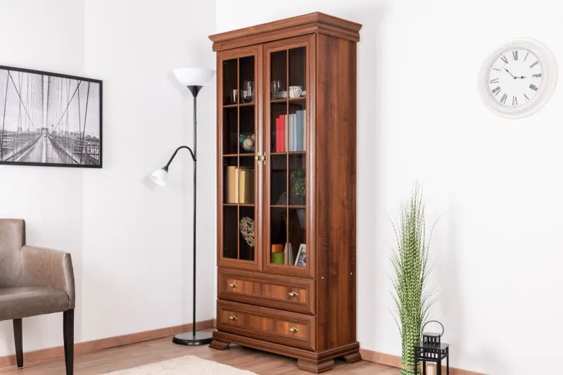 Vetrina alta Sentis 14 marrone scuro | 193 x 88 x 40 cm | Stile country | 2 ante vetro | 2 cassetti | 3 ripiani