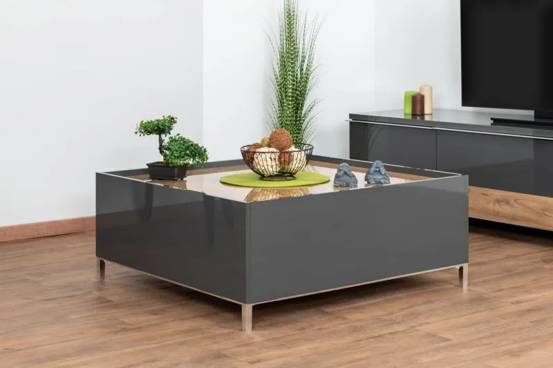 Tavolino Vaitele 29 | Antracite lucido e noce | 90 x 90 x 37 cm | Design moderno e funzionalità