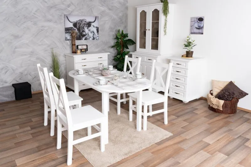 Set sala da pranzo country bianco | 8 pezzi | Legno di pino massiccio | Vetrina, 2 cassettiere, tavolo 75 x 150 cm, 4 sedie